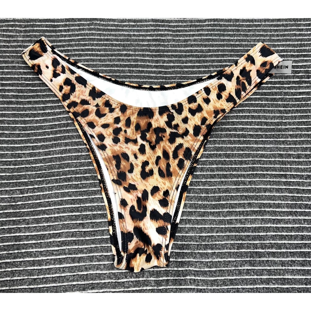 Shein Women XL Leopard Print High Cut Bikini‎ Bottoms Brown Animal Print Cheeky